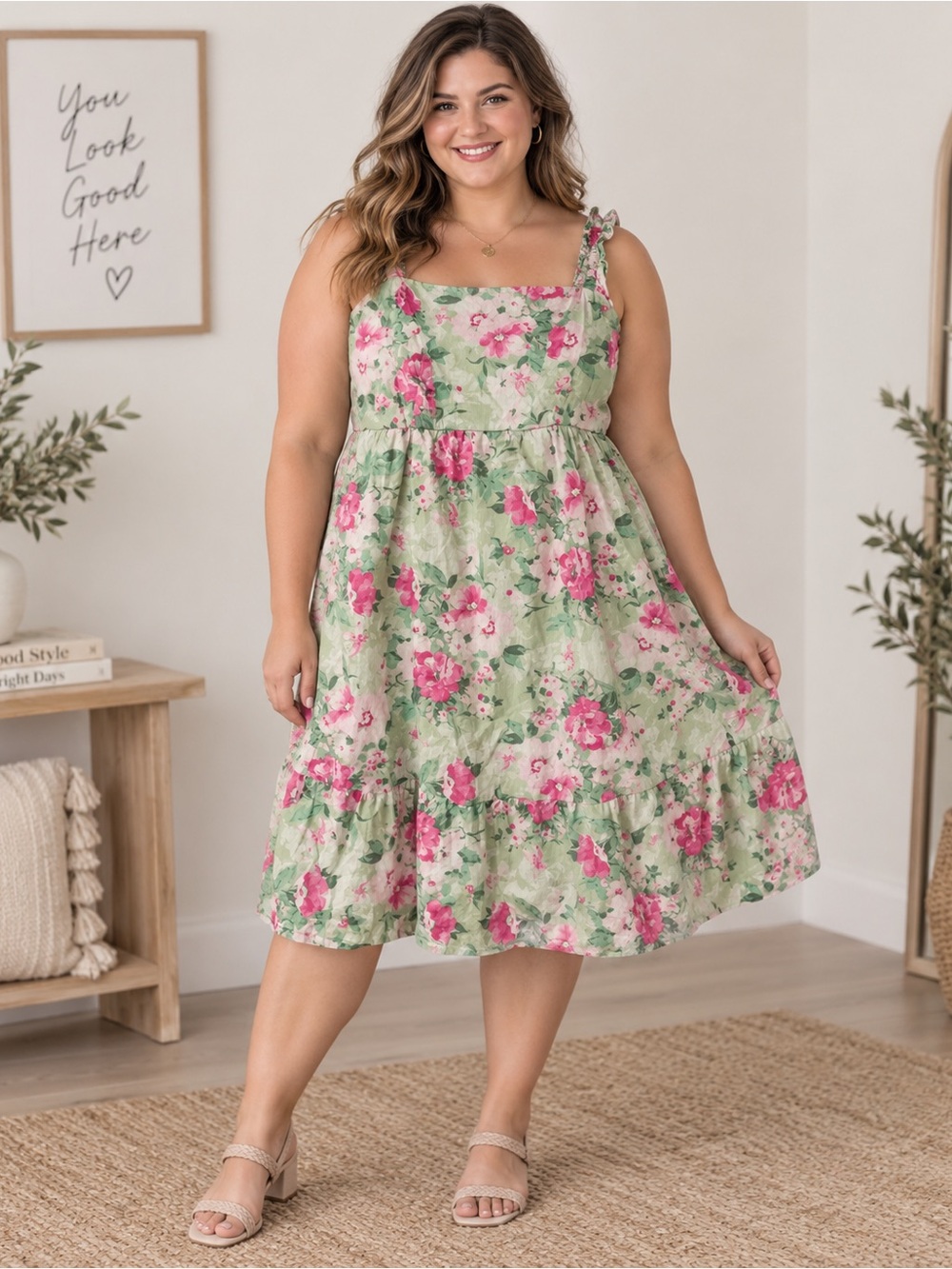 torrid Green Floral Midi Dress with Pink Blooms